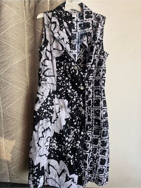 Osei Duro Duplo Dress Women’s linen Sleeveless Black White Floral Pockets Sz M